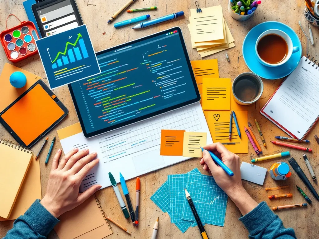 Une image d'un bureau avec des documents et des graphiques devant un ordinateur