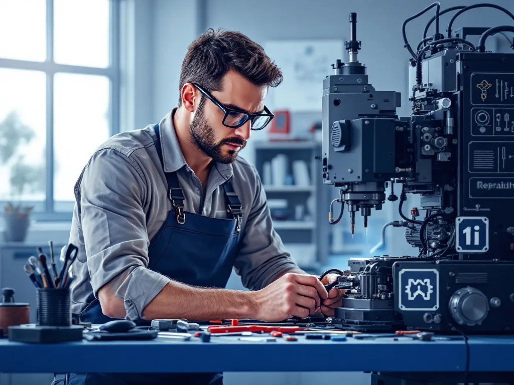 Une image montrant un mécanicien avec des outils en train de réparer une un ordinateur futuriste.